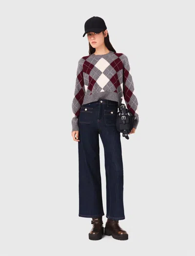 Maje Cropped Argyle Sweater In Black