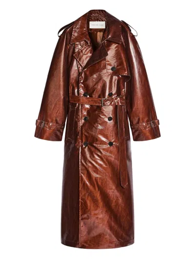 Dries Van Noten Ristos Shiny Coated Belted Trench Coat In Brown