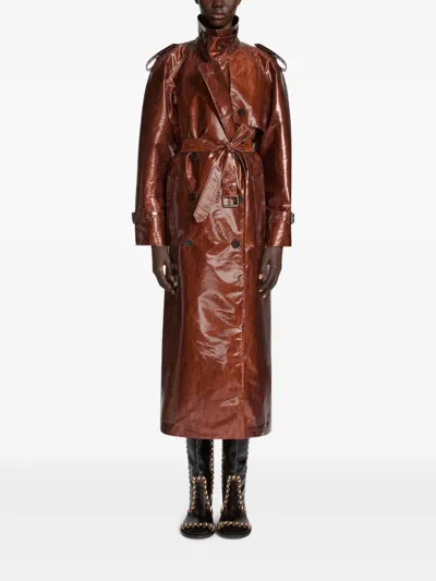 Dries Van Noten Ristos Shiny Coated Belted Trench Coat In Brown