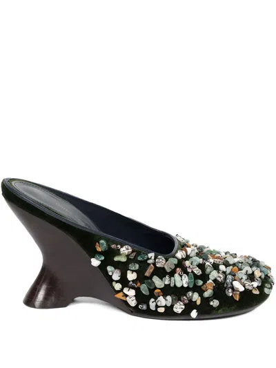 Dries Van Noten Gemstone Embellished Velvet Wedge Mules In Black