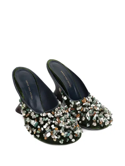 Dries Van Noten Gemstone Embellished Velvet Wedge Mules In Black