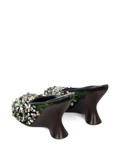 Dries Van Noten Gemstone Embellished Velvet Wedge Mules In Black