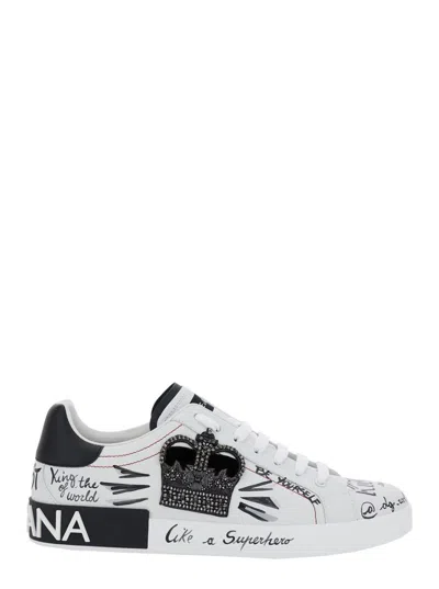 Dolce & Gabbana White Low Top Sneakers With Logo Patch On The Tongue And All-over Print In Multi
