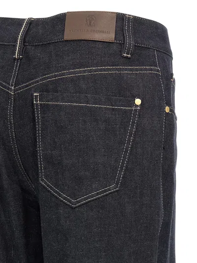 Brunello Cucinelli Women Loose Flared Denim Pants With Moniline In Black