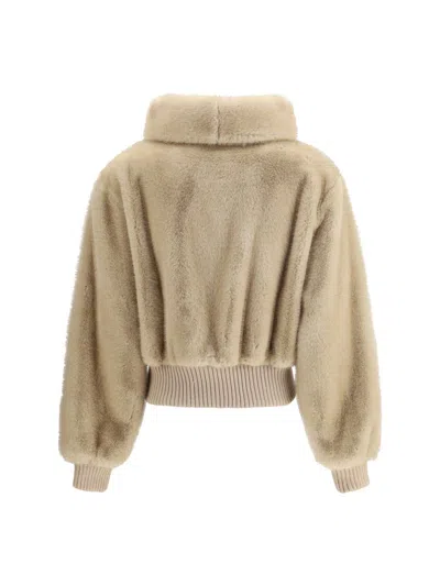 Pinko Bagels Beige Bomber Jacket With Front Zip Closure In Ecofur Woman In Nude