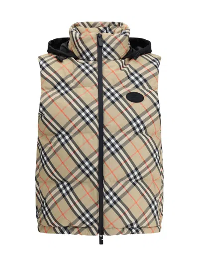 Burberry Sleeveless Down Jacket Featuring Check Pattern In Brown