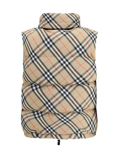 Burberry Sleeveless Down Jacket Featuring Check Pattern In Brown