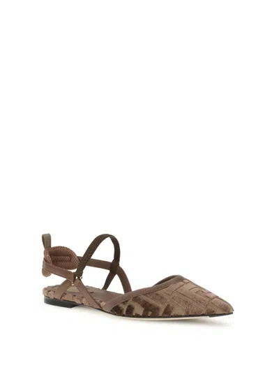 Fendi Women 'colibrì Lite' Brown Flat Slingback With All-over Ff Motif In Cotton Woman In Brown
