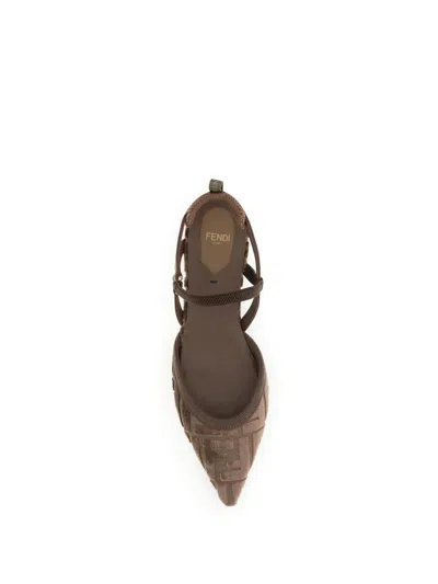 Fendi Women 'colibrì Lite' Brown Flat Slingback With All-over Ff Motif In Cotton Woman In Brown