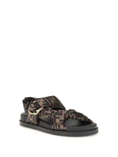 Fendi Feel Satin Sandals In Brown