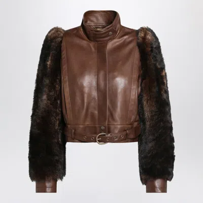 Chloé Brown Cropped Leather And Shearling Jacket Women In Brown