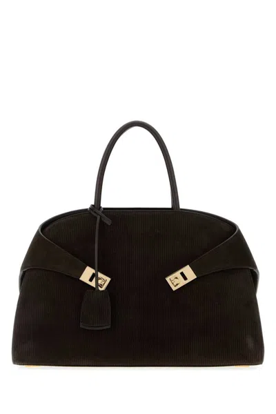 Ferragamo Dark Brown Suede Medium Hug Handbag In Brown