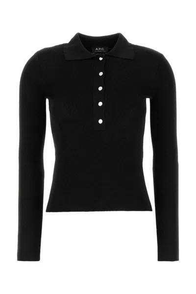Apc Long Sleeve Polo Shirt With Ribbed Collar In Black