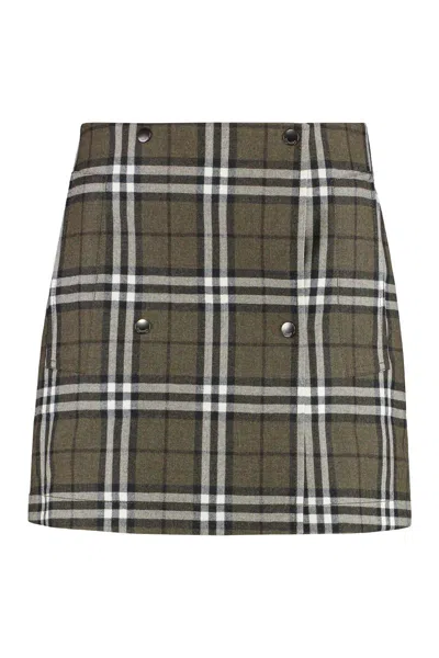 Burberry Button-embellished Checked Wool-twill Mini Skirt In Green