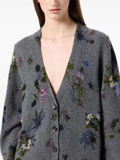 Blumarine Wool Blend Cardigan With Rhinestones In Gray