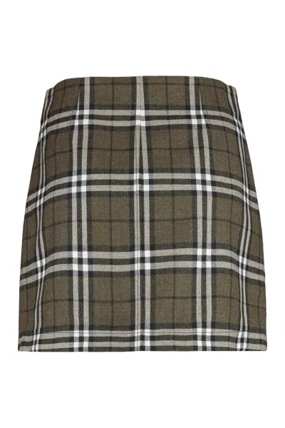 Burberry Button-embellished Checked Wool-twill Mini Skirt In Green