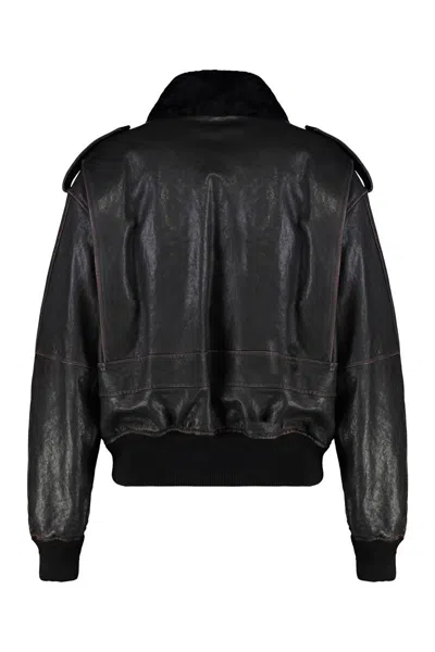 Saint Laurent Black Jacket With Removable Fur Collar In Leather Woman In Black