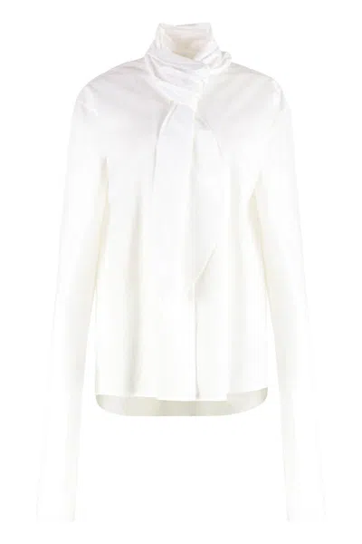 Alberta Ferretti Long Sleeve Collarless Shirt With Scarf Detail In White
