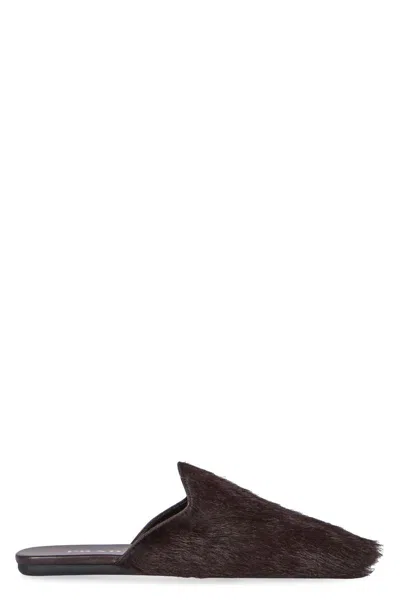Prada Fur Leather Mules In Brown