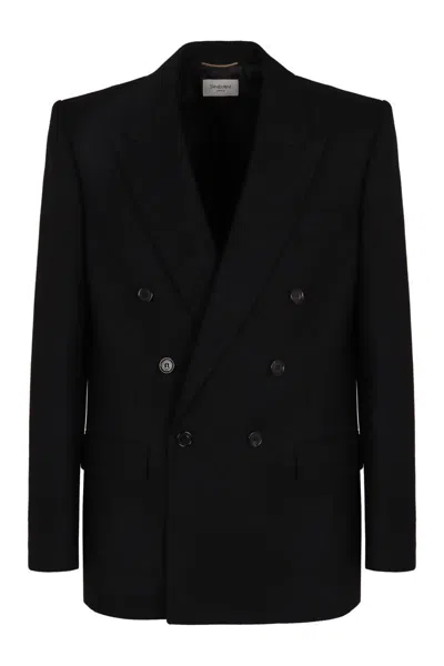 Saint Laurent Cassandre Double-breasted Wool Gabardine Blazer In Black