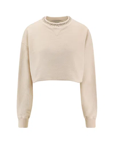 Golden Goose "journey W`s" Cropped Crew Neck Sweatshirt Overprinted Cotton Fleece Vintage Treatment In Neutral