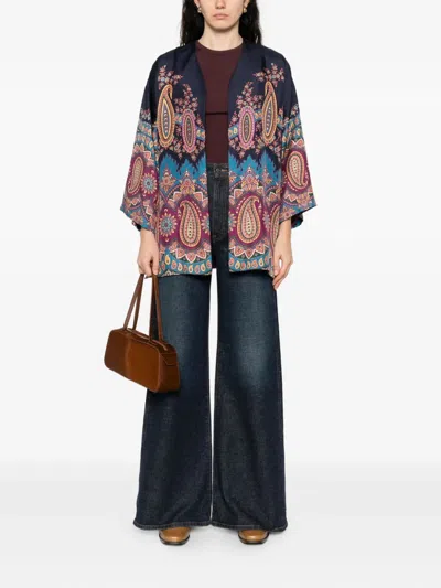 Etro Silk Twill Kesa With Placed Print In Blue