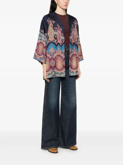Etro Silk Twill Kesa With Placed Print In Blue