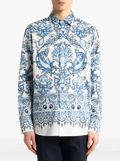 Etro Floral Print Cotton Long Sleeve Shirt In Blue