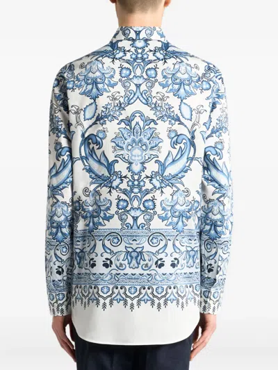 Etro Floral Print Cotton Long Sleeve Shirt In Blue