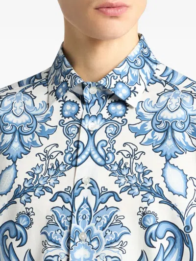 Etro Floral Print Cotton Long Sleeve Shirt In Blue