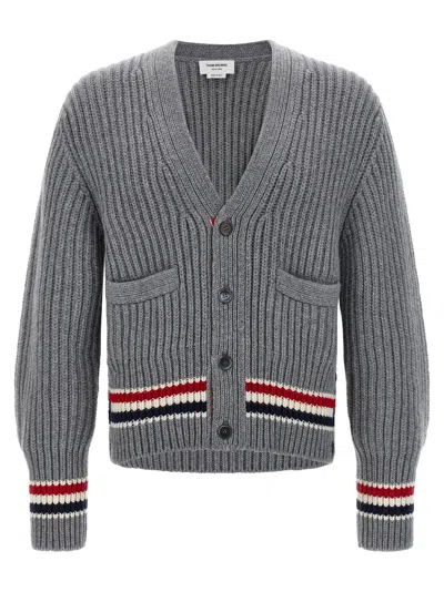 Thom Browne Striped V-neck Cardigan Front Pockets In Gray