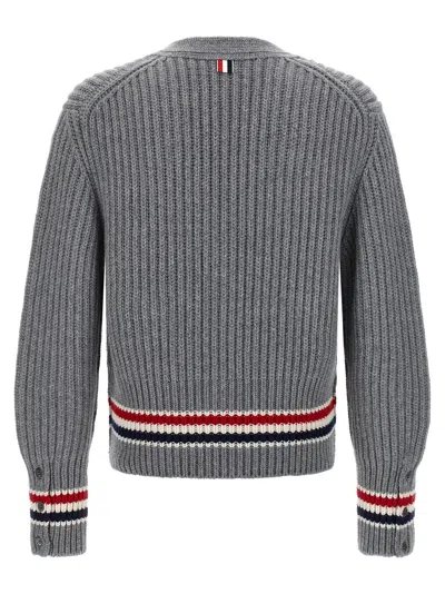 Thom Browne Striped V-neck Cardigan Front Pockets In Gray