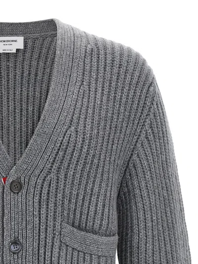Thom Browne Striped V-neck Cardigan Front Pockets In Gray