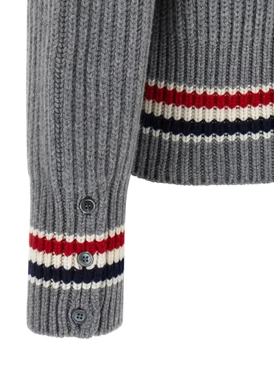 Thom Browne Striped V-neck Cardigan Front Pockets In Gray