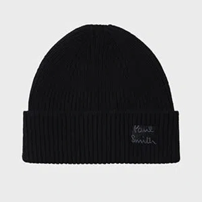 Paul Smith Ribbed Texture Hat Folded Cuff In Black