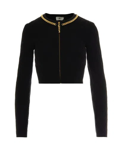 Elisabetta Franchi Cardigan In Maglia A Rombi Con Dettaglio Gioiello Nero In Black