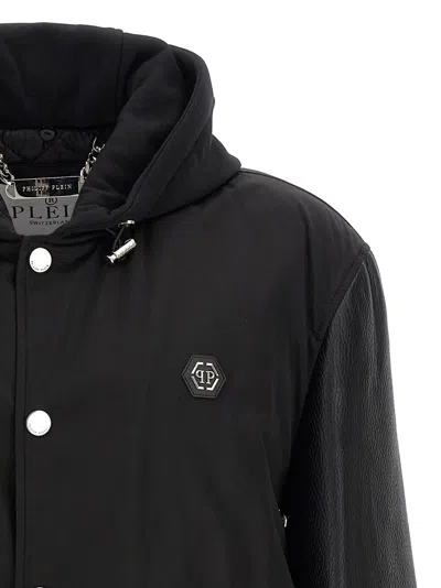 Philipp Plein Bomber Jacket Leather Sleeves In Black