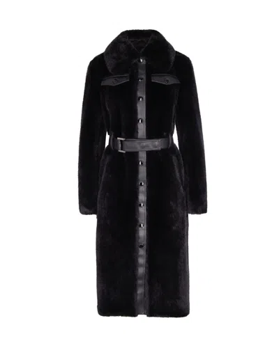 Patrizia Pepe Faux Fur Coat With Maxi Collar And Logo Buttons In Black