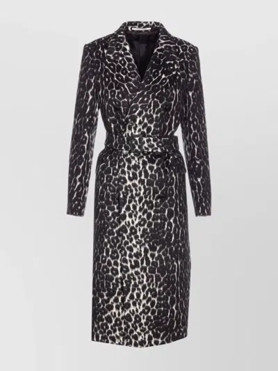 Tagliatore Long Leopard Print Coat With Belted Waist In Black