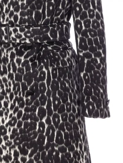 Tagliatore Long Leopard Print Coat With Belted Waist In Black