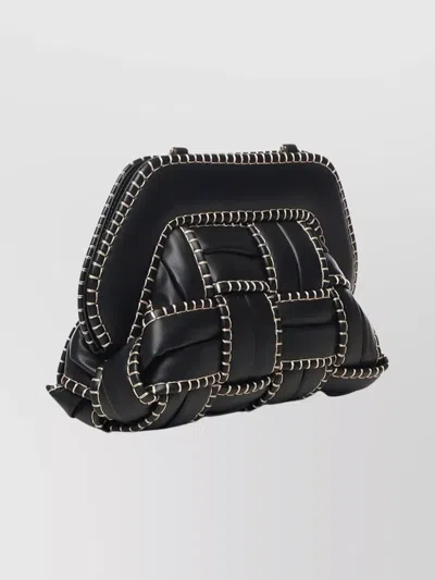 Themoirè Structured Woven Clutch With Beige Stitching In Black