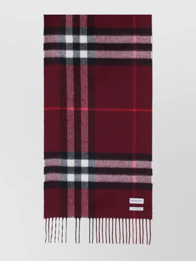 Burberry Check Patterned Cashmere Scarf Fringed Edges In Purple