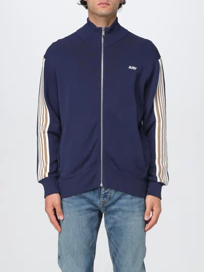 Autry High-collar Blue Jacket With Vertical Stripes And Ribbed Cuffs In Blue