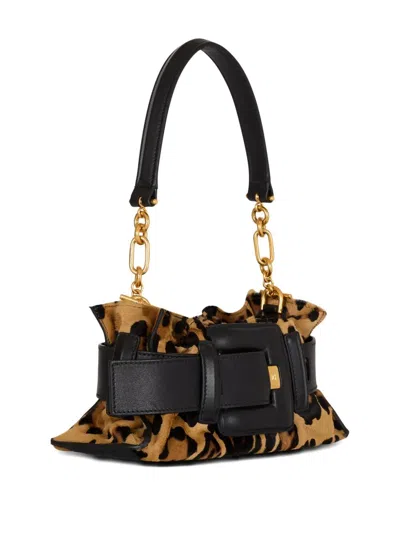 Balmain Mini Leopard Print Shoulder Bag In Brown