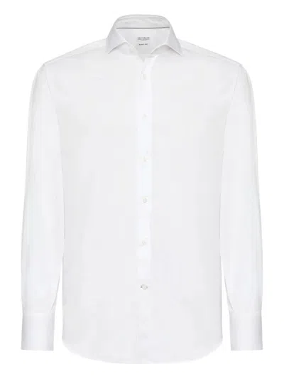 Brunello Cucinelli Men Basic Fit Twill Shirt With Button-down Collar In White