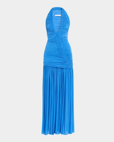 Christopher Esber Orion Open-back Ruched Mesh Gown In Blue