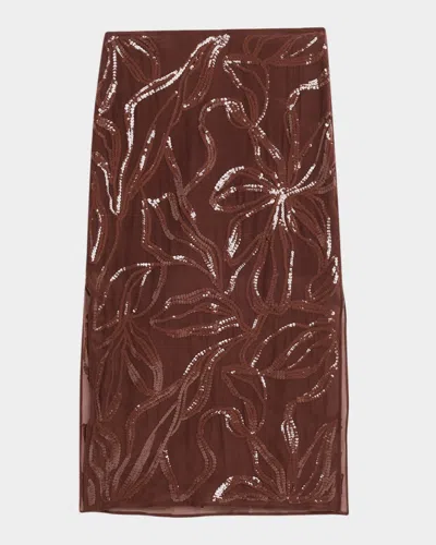 Brunello Cucinelli Floral Midi Skirt Sheer Overlay In Brown