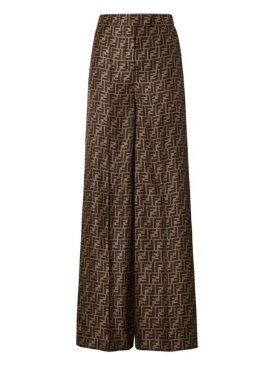 Fendi Ff Silk Twill Wide Leg Trousers In Brown