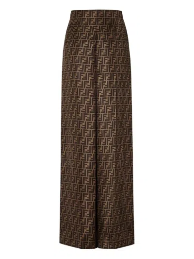Fendi Ff Silk Twill Wide Leg Trousers In Brown