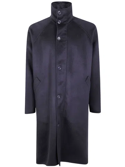 Giorgio Armani Long Coat With High Collar And Pockets In Blue